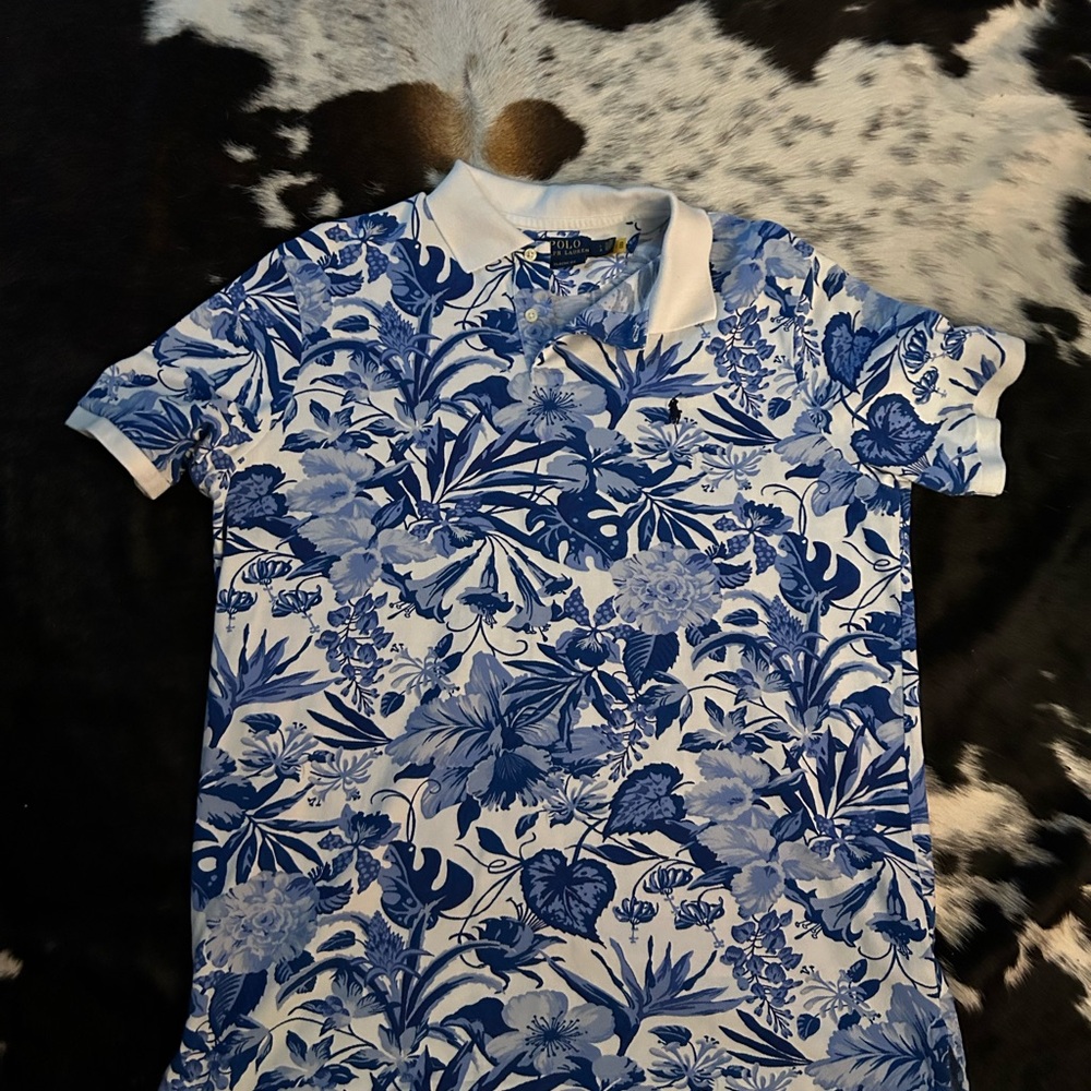 Polo by Ralph Lauren Blue and White Tropical Print Polo Shirt